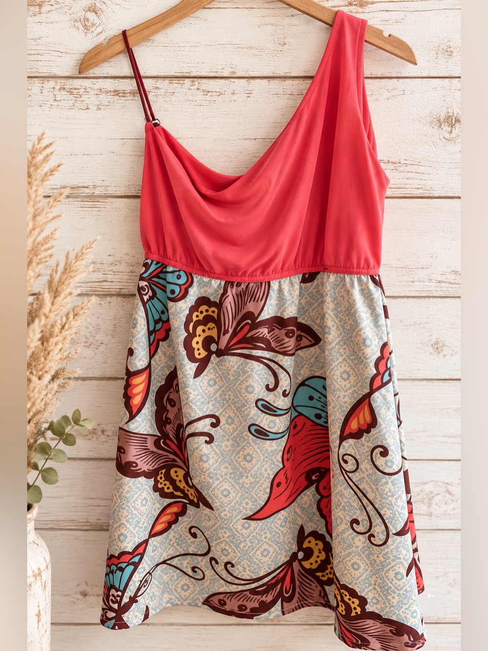 Déjà Vu One Shoulder Butterfly Floral Dress Large Boho Romantic Western NWT